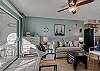 The living area offers a new sofa sleeper and side chairs. The coastal decorations and relaxing paint color separates this unit from others offered at Las Palmas