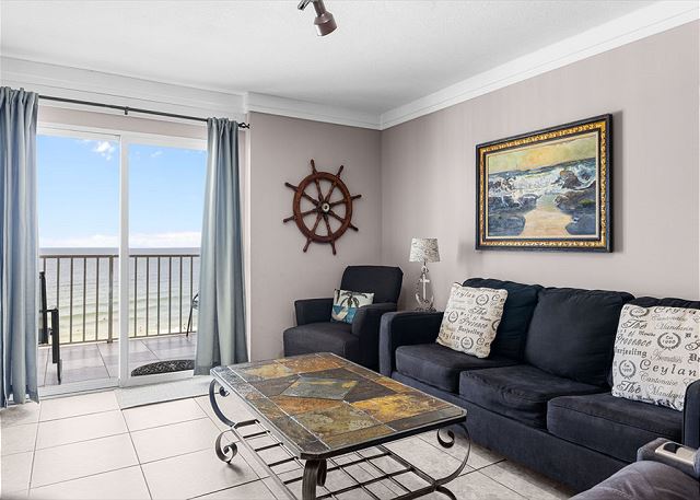The living area of this 3 bedroom unit offers comfortable seating for relaxing and unwinding after a long day on the beach. The views are endless from this space as well. Step onto the balcony for a front row seat to the perfect sunrise and sunset!