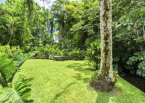 Pristine landscaping along the river edge