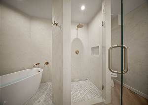 Master bath with walk in shower and tub