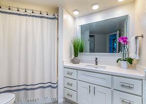 Guest bathroom with a shower, sink, toilet