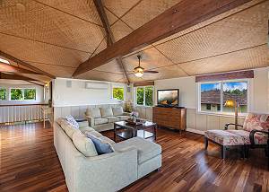 Living room area with comfortable seating and mountain views