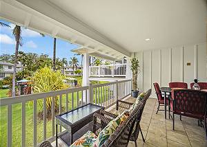 Private lanai overlooks the beautiful grounds