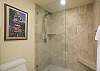Remodeled walk-in shower with beautiful tile and glass door.