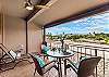 Recliner and dine al fresco, view towards left main pool
