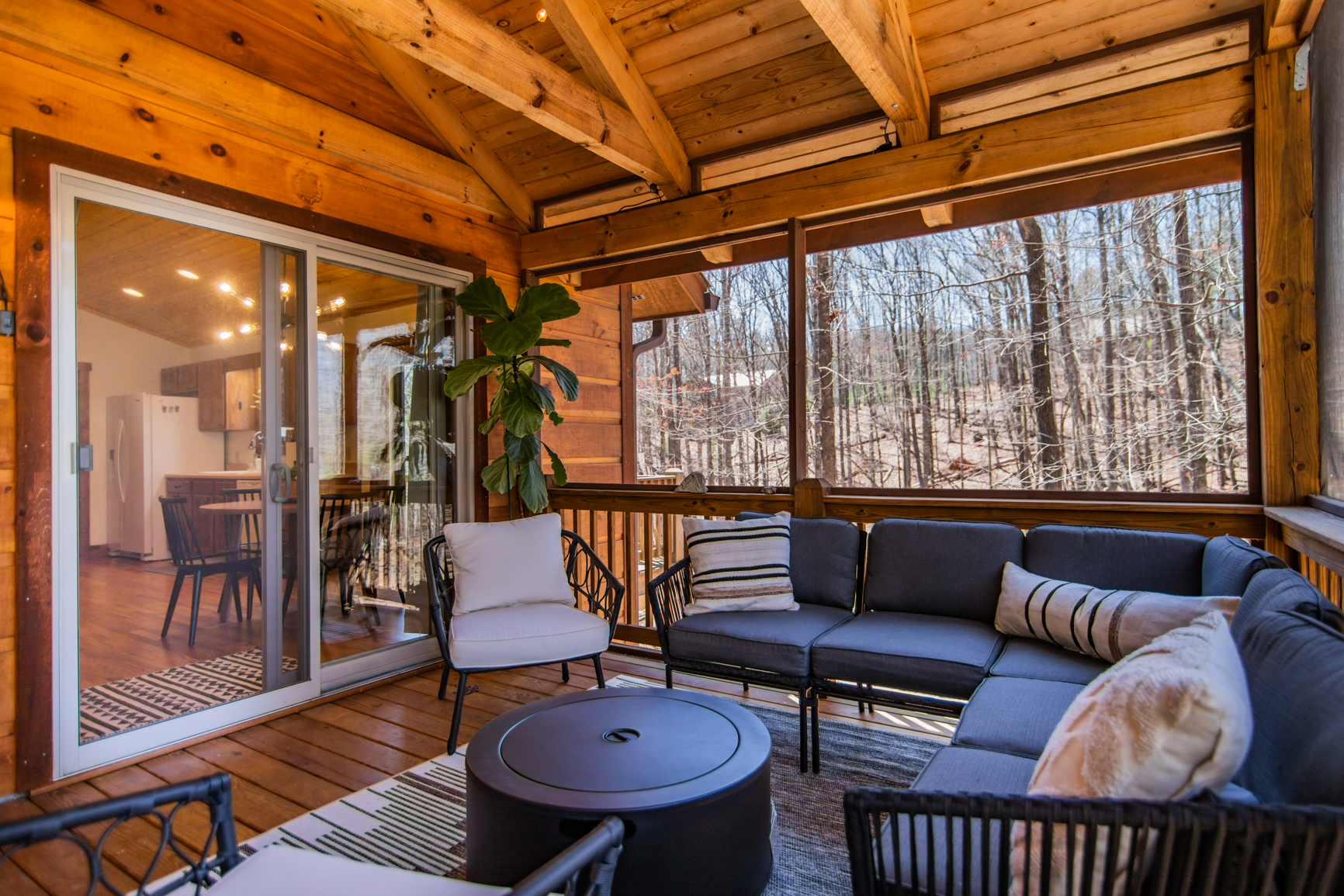 Screened Porch sitting area and fire pit