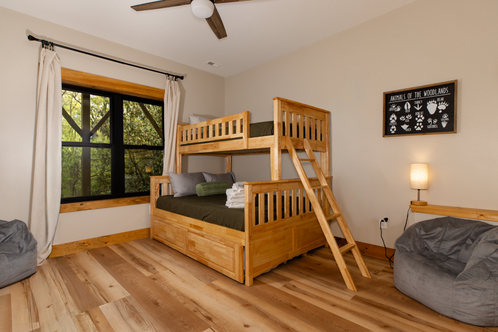 Basement bunk room with private bathroom