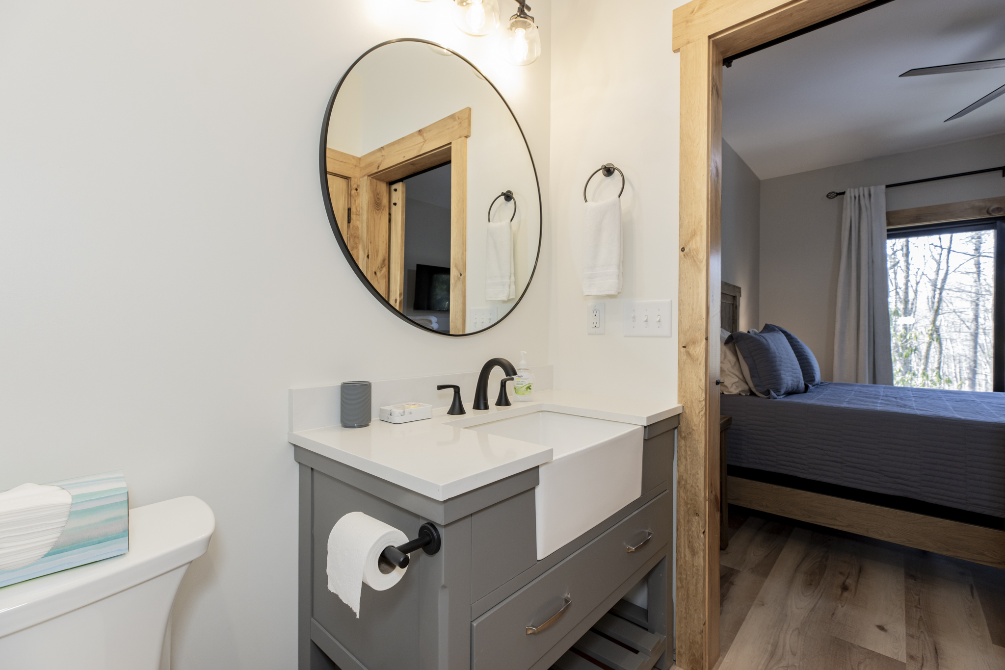 Basement level queen bedroom vanity