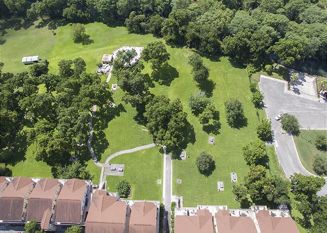 Bird's eye view of the complex. This condo is located behind the bundle of lush trees at the right bottom corner! 