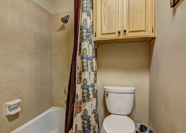 The bathroom comes with hotel sized amenities and towels. 