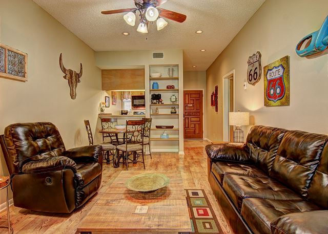 The open living room/dining room is a great place to relax after a day on the river.