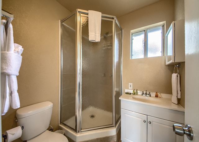 Cottage bathroom located downstairs has a standup shower.