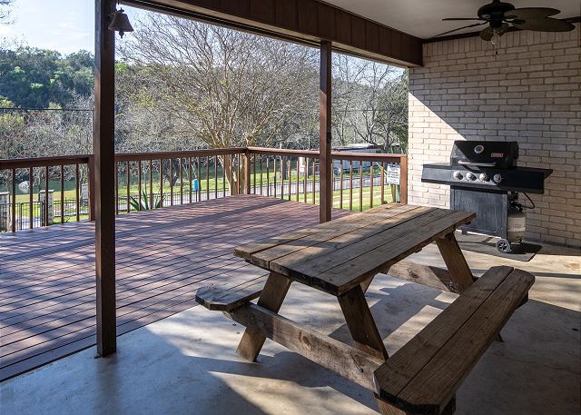 Front deck of The Lazy A! 
Has a propane and charcoal grill! 