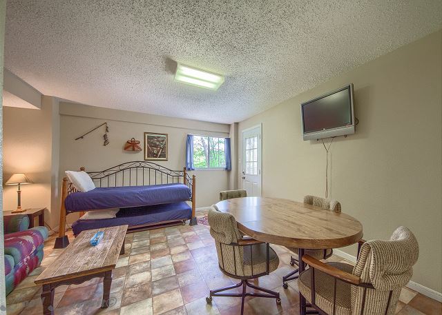 Lower level living area has a twin daybed with a twin trundle. 