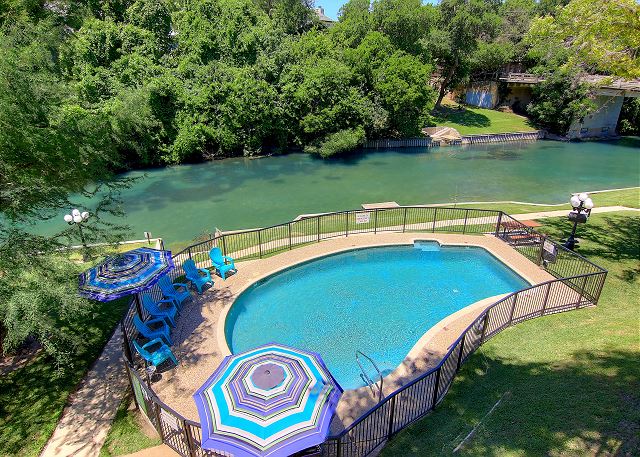 Pool looking over the gorgeous Comal River! 