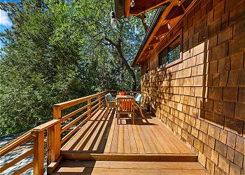 Home's deck features outdoor seating with pine tree views.