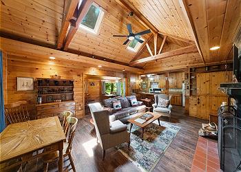  The living room features a charming fireplace and a cozy mounta