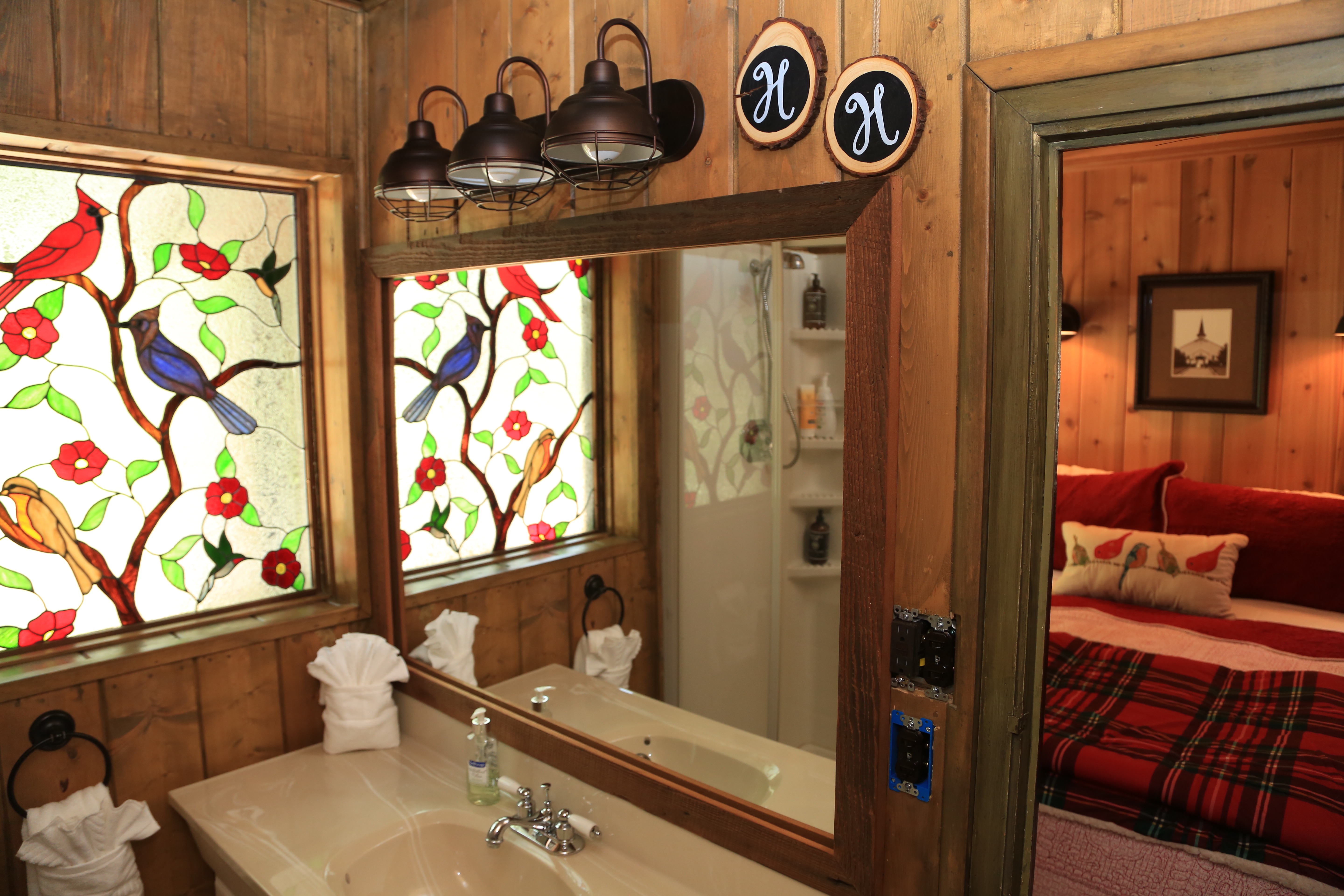 Master bathroom with beautiful stained glass window.-Original