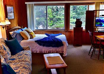 Bedroom area with flat screen TV and dining table.