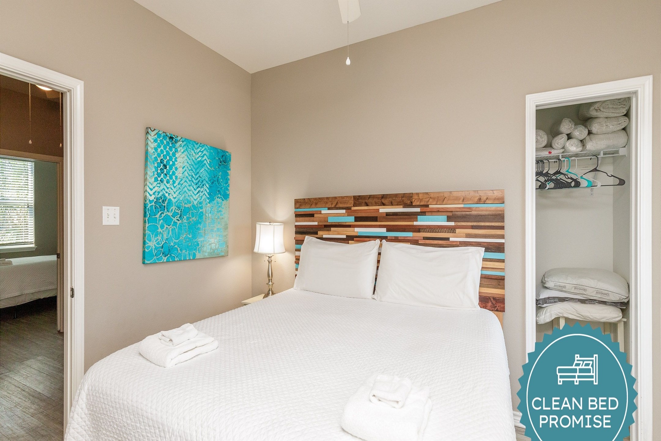 Sleep better at Padre Escapes with our exclusive Clean Bed Promise; providing fresh linens, comforters, and towels washed at high temperatures exceeding CDC recommendations, setting us apart for a truly restful vacation