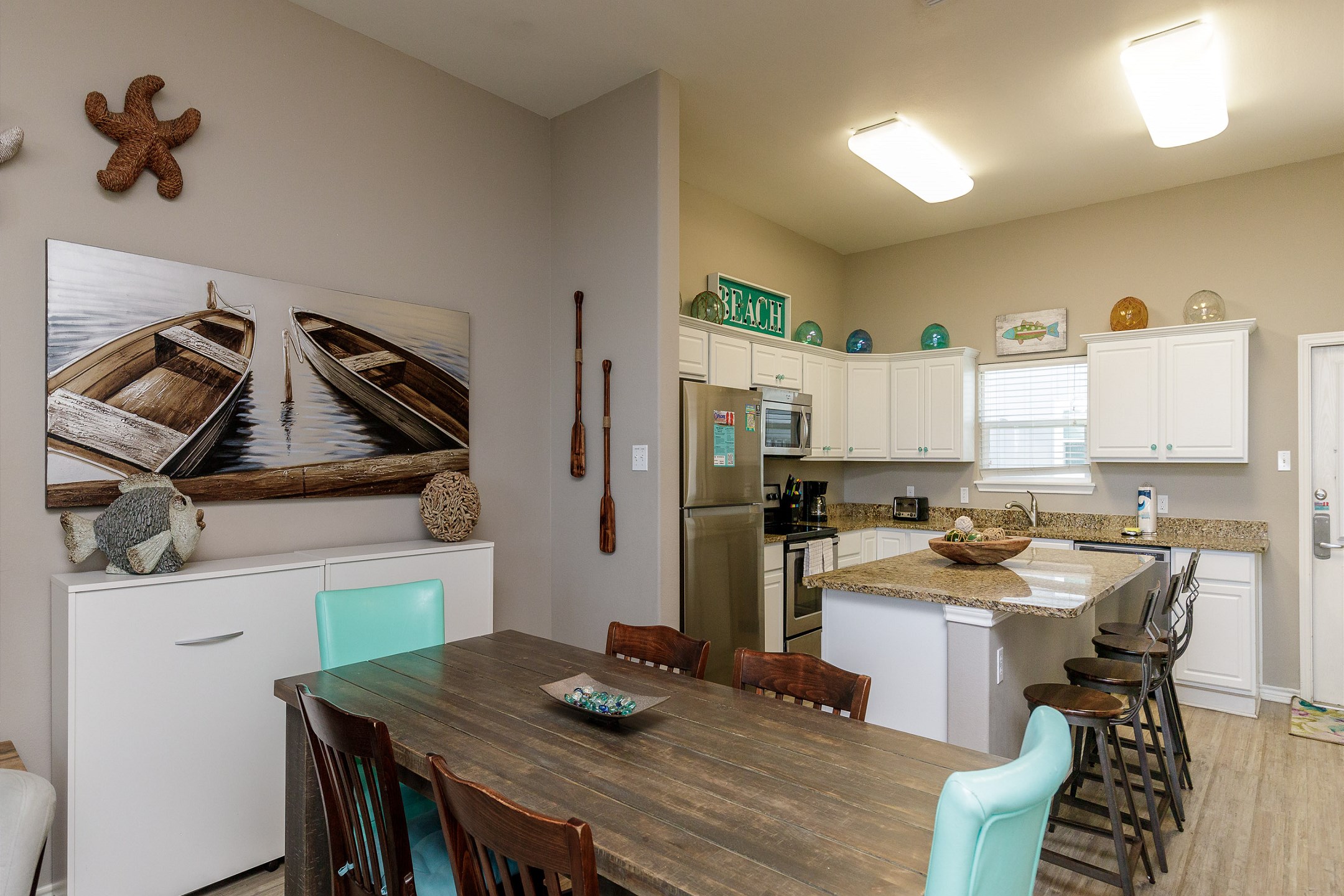 Luxurious dining space with plush seating and a coastal vibe
