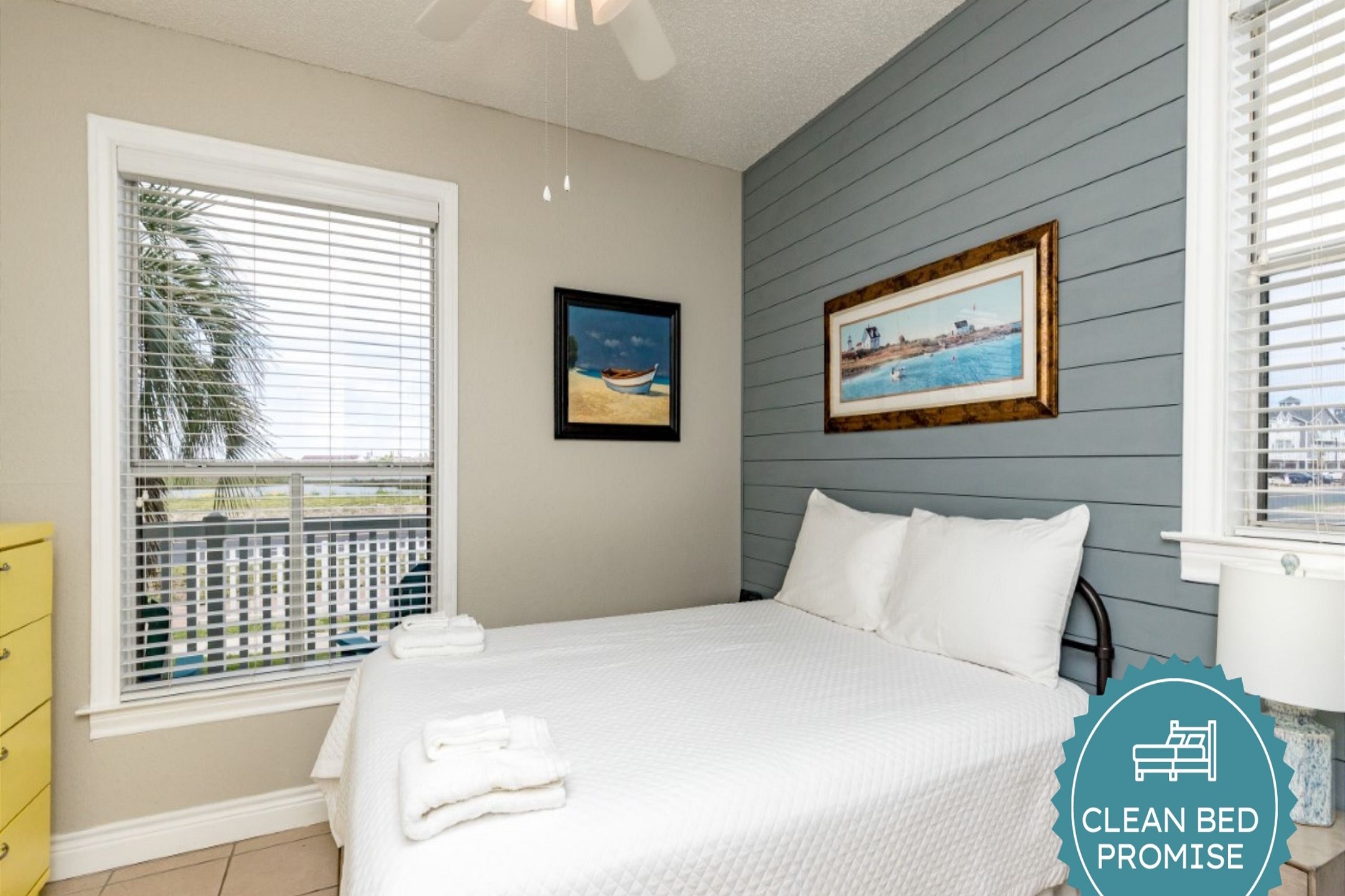 Sleep better at Padre Escapes with our exclusive Clean Bed Promise; providing fresh linens, comforters, and towels washed at high temperatures exceeding CDC recommendations, setting us apart for a truly restful vacation