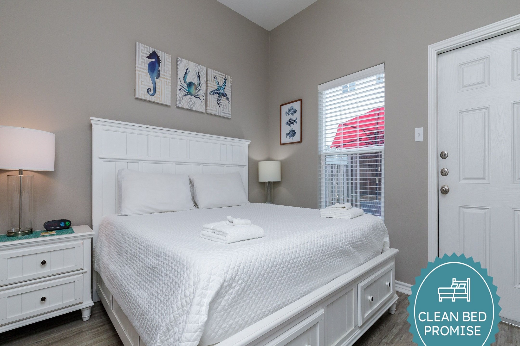 Sleep better at Padre Escapes with our exclusive Clean Bed Promise; providing fresh linens, comforters, and towels washed at high temperatures exceeding CDC recommendations, setting us apart for a truly restful vacation