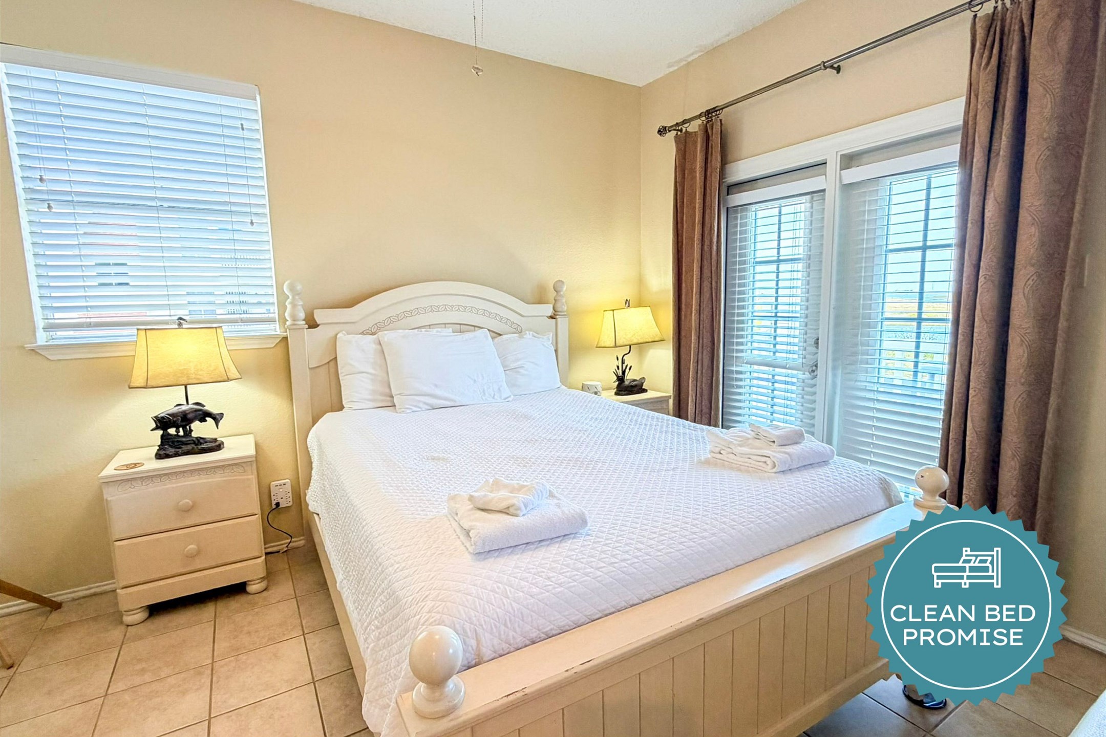 Sleep better at Padre Escapes with our exclusive Clean Bed Promise; providing fresh linens, comforters, and towels washed at high temperatures exceeding CDC recommendations, setting us apart for a truly restful vacation