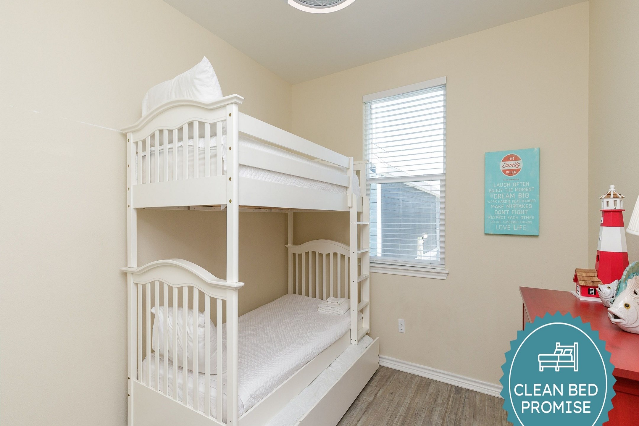 Sleep better at Padre Escapes with our exclusive Clean Bed Promise; providing fresh linens, comforters, and towels washed at high temperatures exceeding CDC recommendations, setting us apart for a truly restful vacation