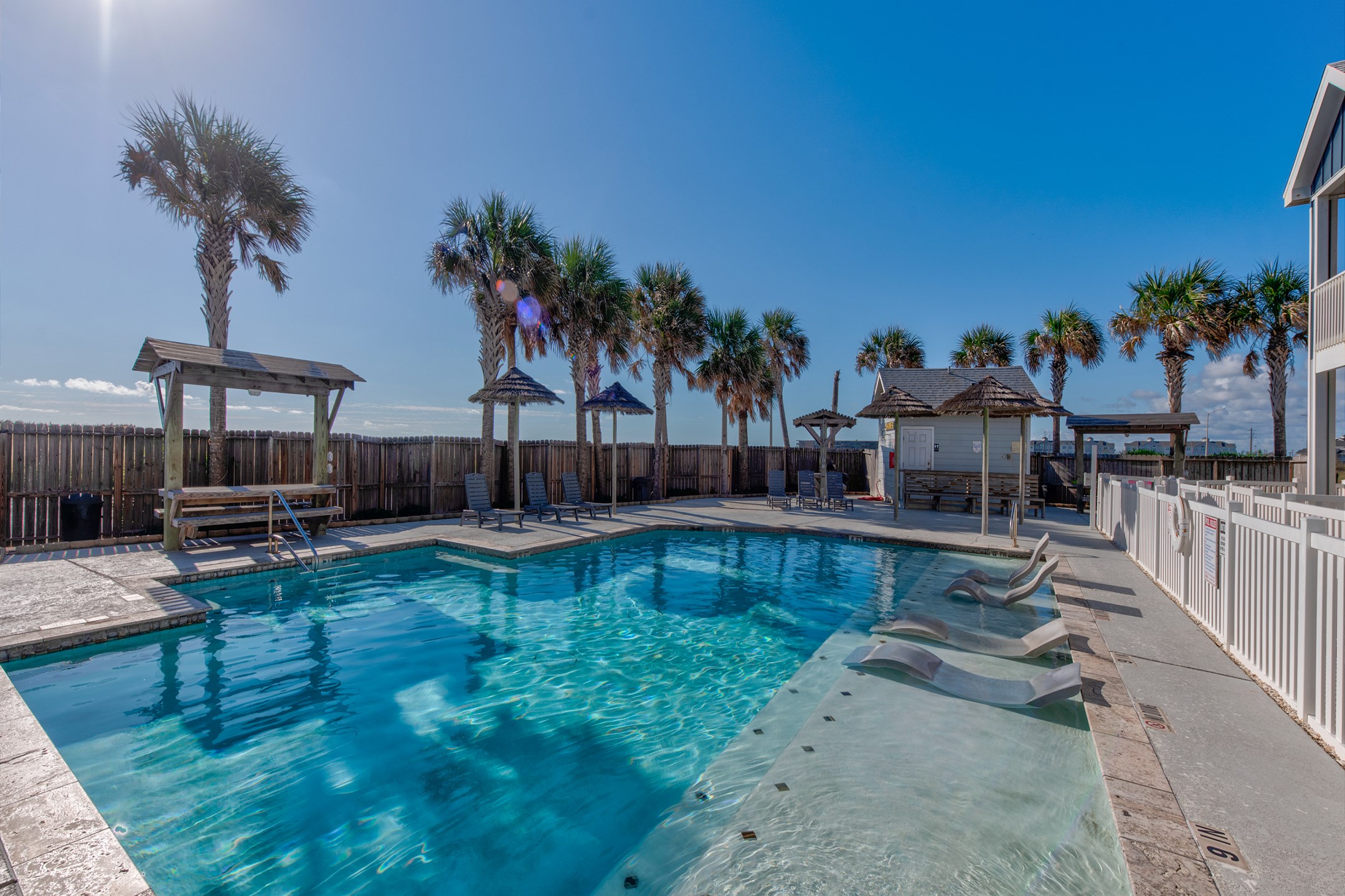 Glistening sun with beautiful Palm trees surrounding Padre Beach View heated pool