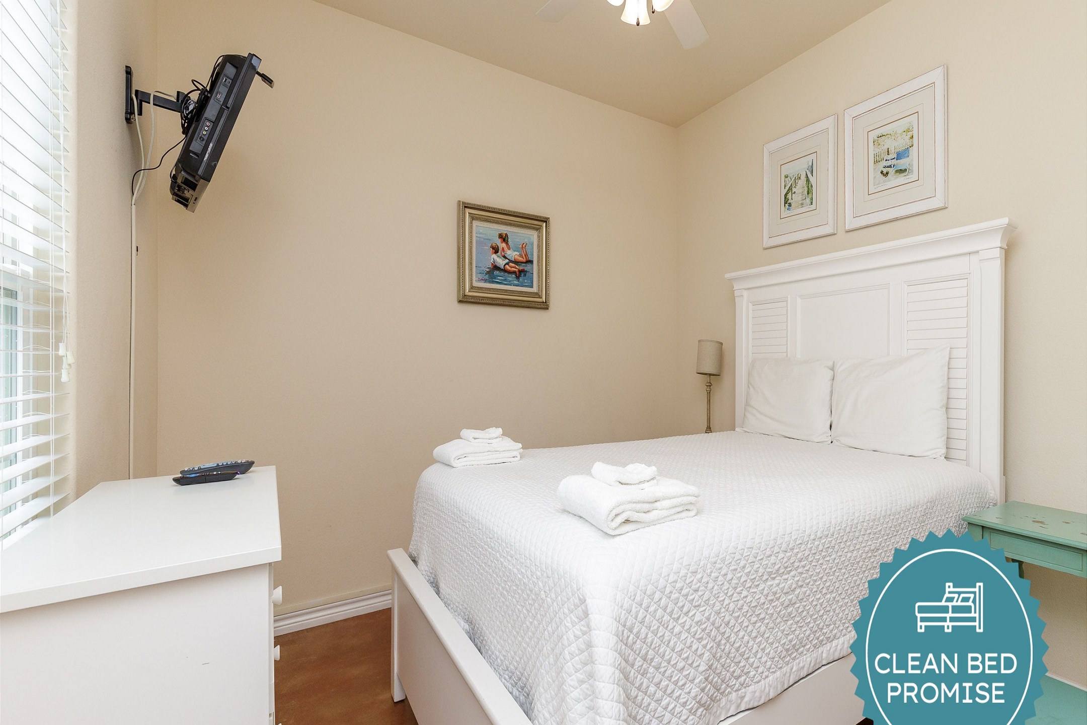 Sleep better at Padre Escapes with our exclusive Clean Bed Promise; providing fresh linens, comforters, and towels washed at high temperatures exceeding CDC recommendations, setting us apart for a truly restful vacation