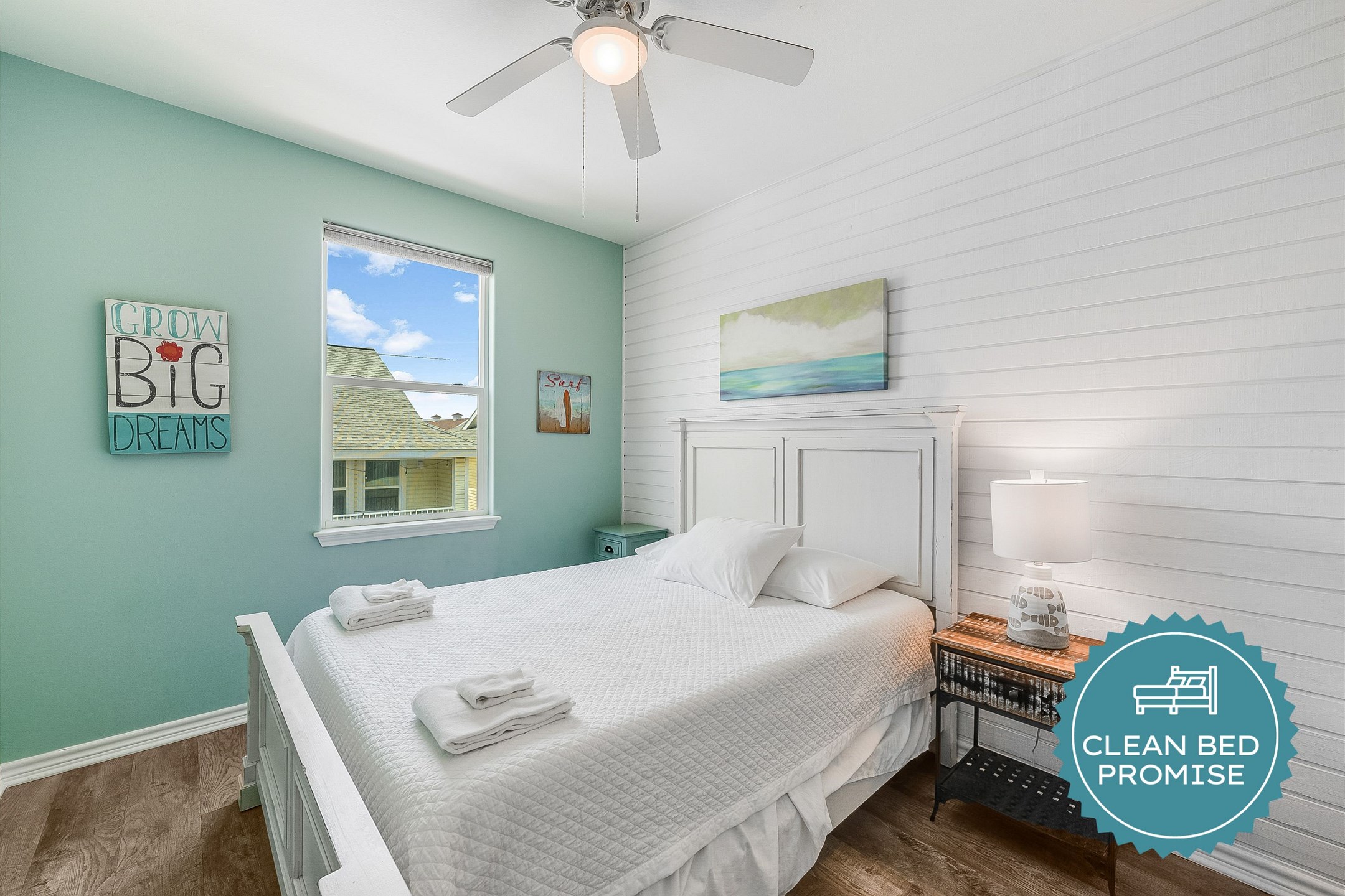 Sleep better at Padre Escapes with our exclusive Clean Bed Promise; providing fresh linens, comforters, and towels washed at high temperatures exceeding CDC recommendations, setting us apart for a truly restful vacation