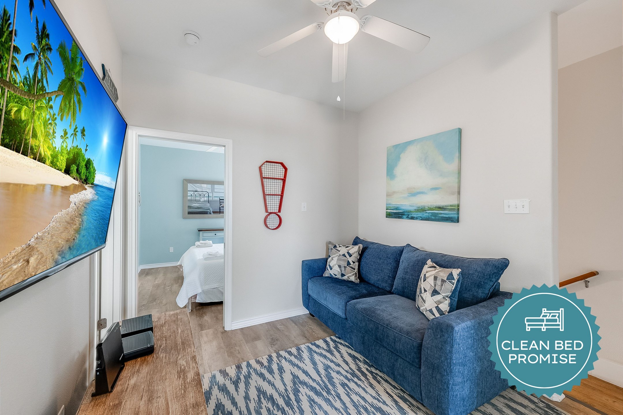 Sleep better at Padre Escapes with our exclusive Clean Bed Promise; providing fresh linens, comforters, and towels washed at high temperatures exceeding CDC recommendations, setting us apart for a truly restful vacation