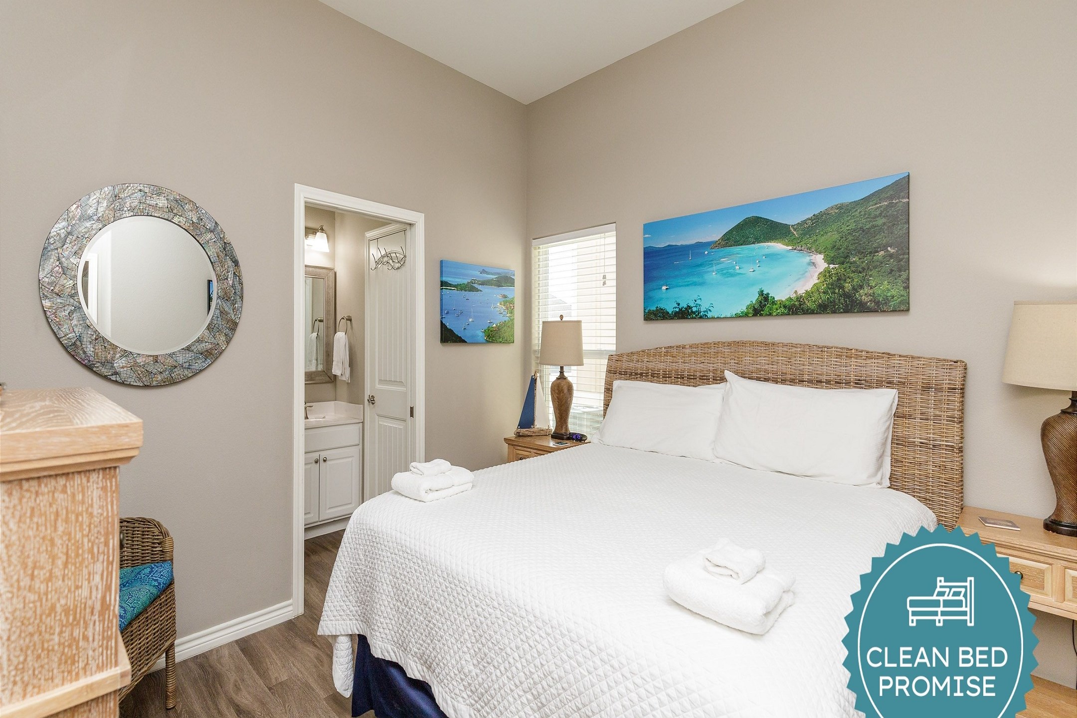 Sleep better at Padre Escapes with our exclusive Clean Bed Promise, providing fresh linens, comforters, and towels washed at high temperatures exceeding CDC recommendations, setting us apart for a truly restful vacation 