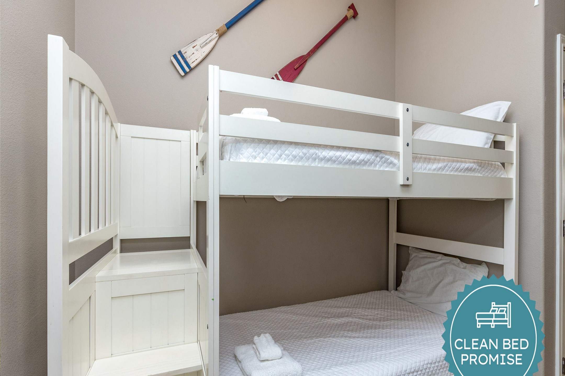 Sleep better at Padre Escapes with our exclusive Clean Bed Promise; providing fresh linens, comforters, and towels washed at high temperatures exceeding CDC recommendations, setting us apart for a truly restful vacation