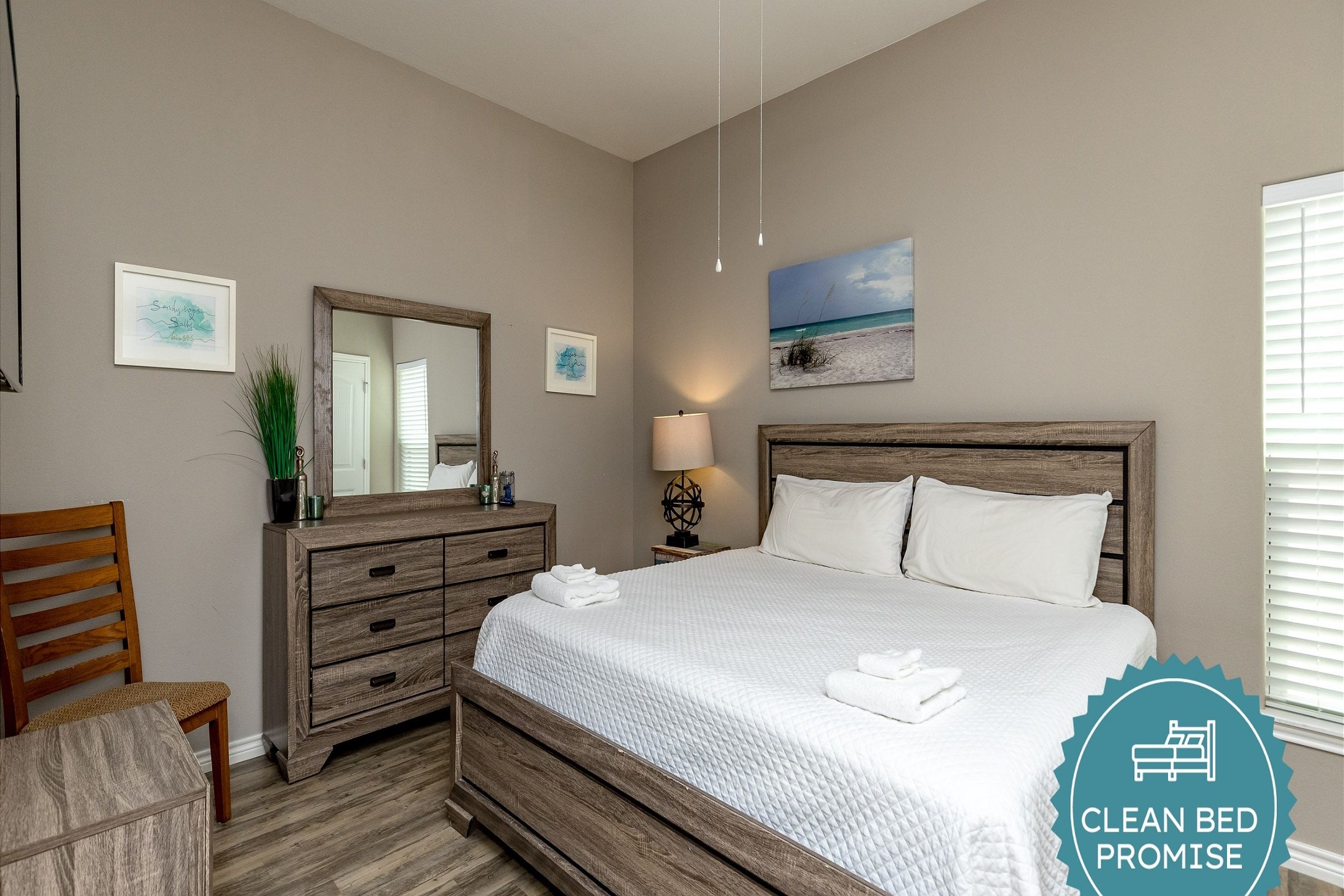 Sleep better at Padre Escapes with our exclusive Clean Bed Promise; providing fresh linens, comforters, and towels washed at high temperatures exceeding CDC recommendations, setting us apart for a truly restful vacation