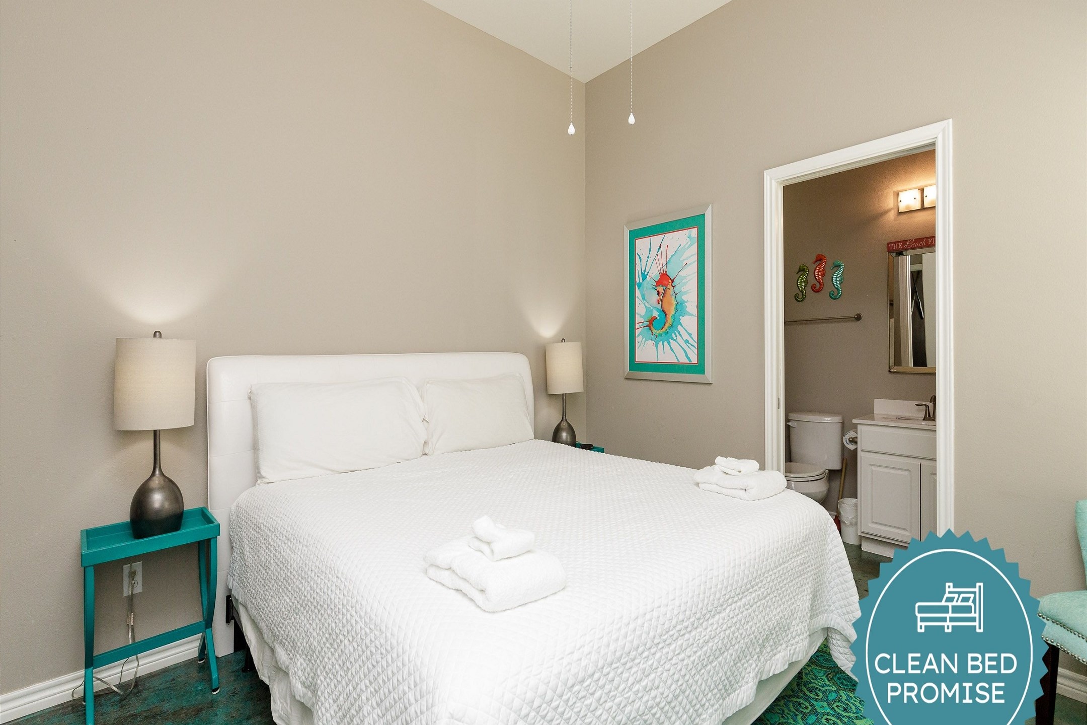 Sleep better at Padre Escapes with our exclusive Clean Bed Promise; providing fresh linens, comforters, and towels washed at high temperatures exceeding CDC recommendations, setting us apart for a truly restful vacation