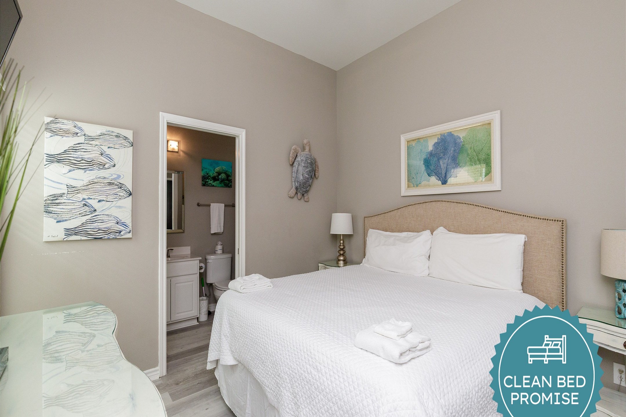 Sleep better at Padre Escapes with our exclusive Clean Bed Promise; providing fresh linens, comforters, and towels washed at high temperatures exceeding CDC recommendations, setting us apart for a truly restful vacation