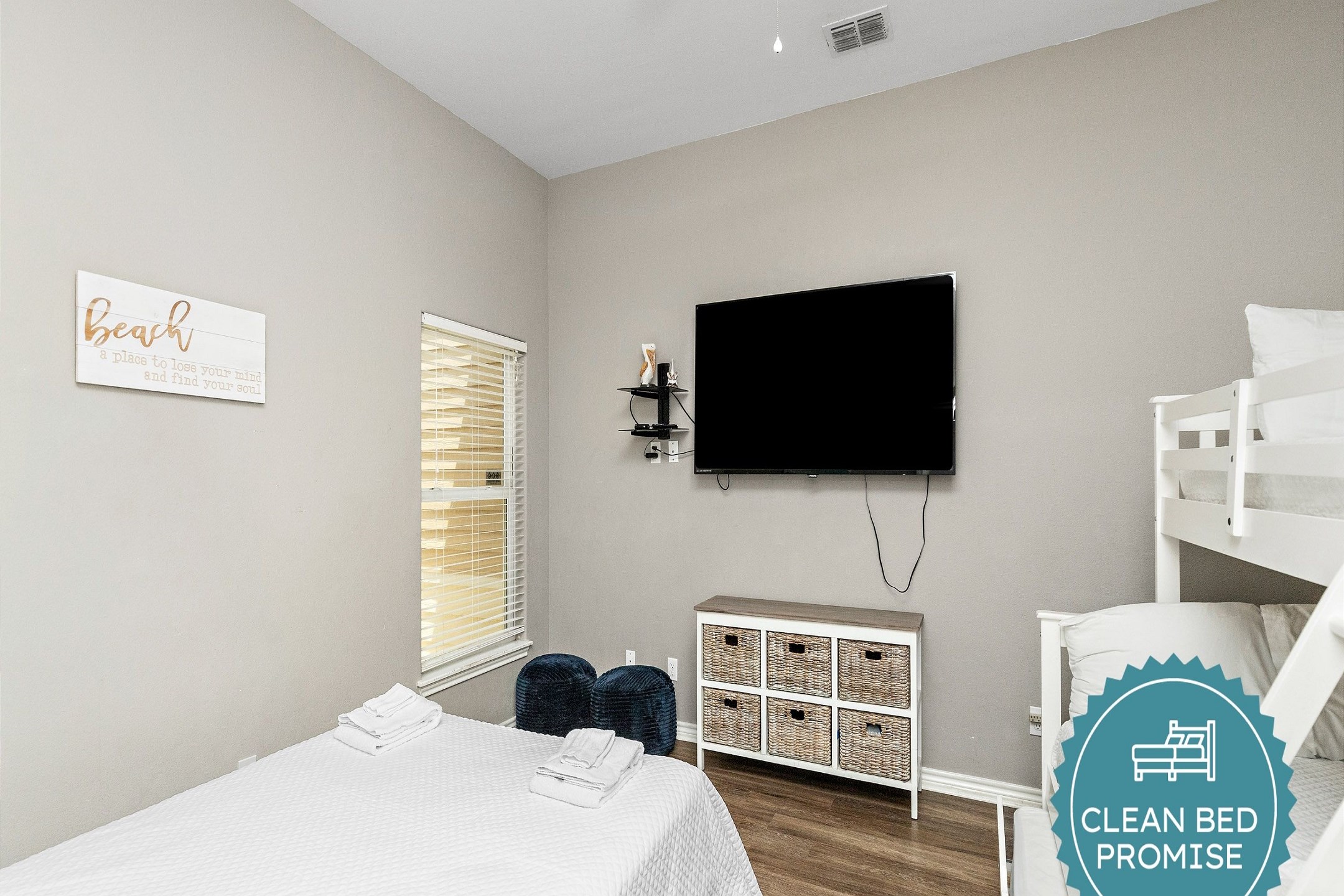 Sleep better at Padre Escapes with our exclusive Clean Bed Promise; providing fresh linens, comforters, and towels washed at high temperatures exceeding CDC recommendations, setting us apart for a truly restful vacation