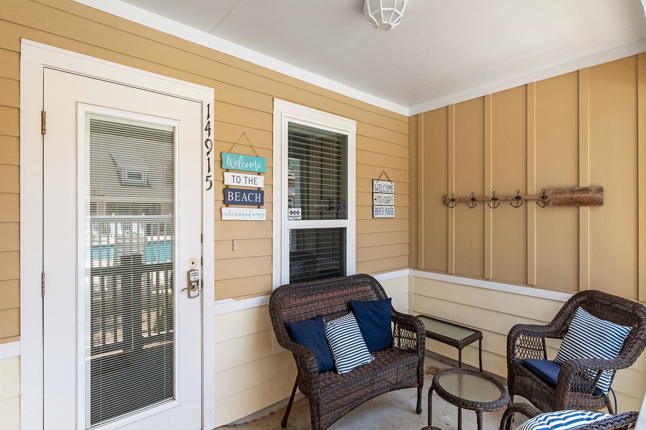 Private patio with table and cozy chairs right across the pool
