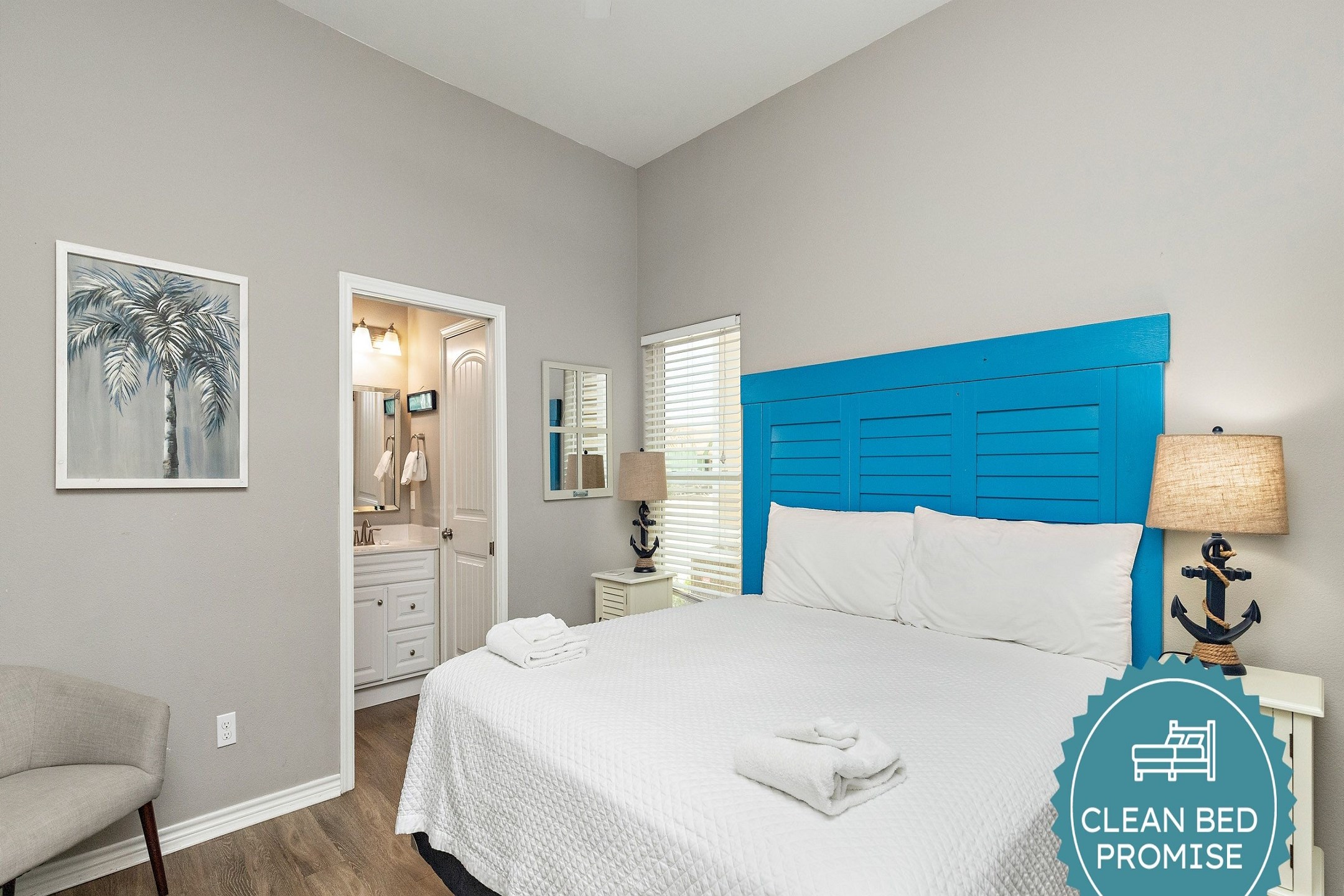 Sleep better at Padre Escapes with our exclusive Clean Bed Promise; providing fresh linens, comforters, and towels washed at high temperatures exceeding CDC recommendations, setting us apart for a truly restful vacation