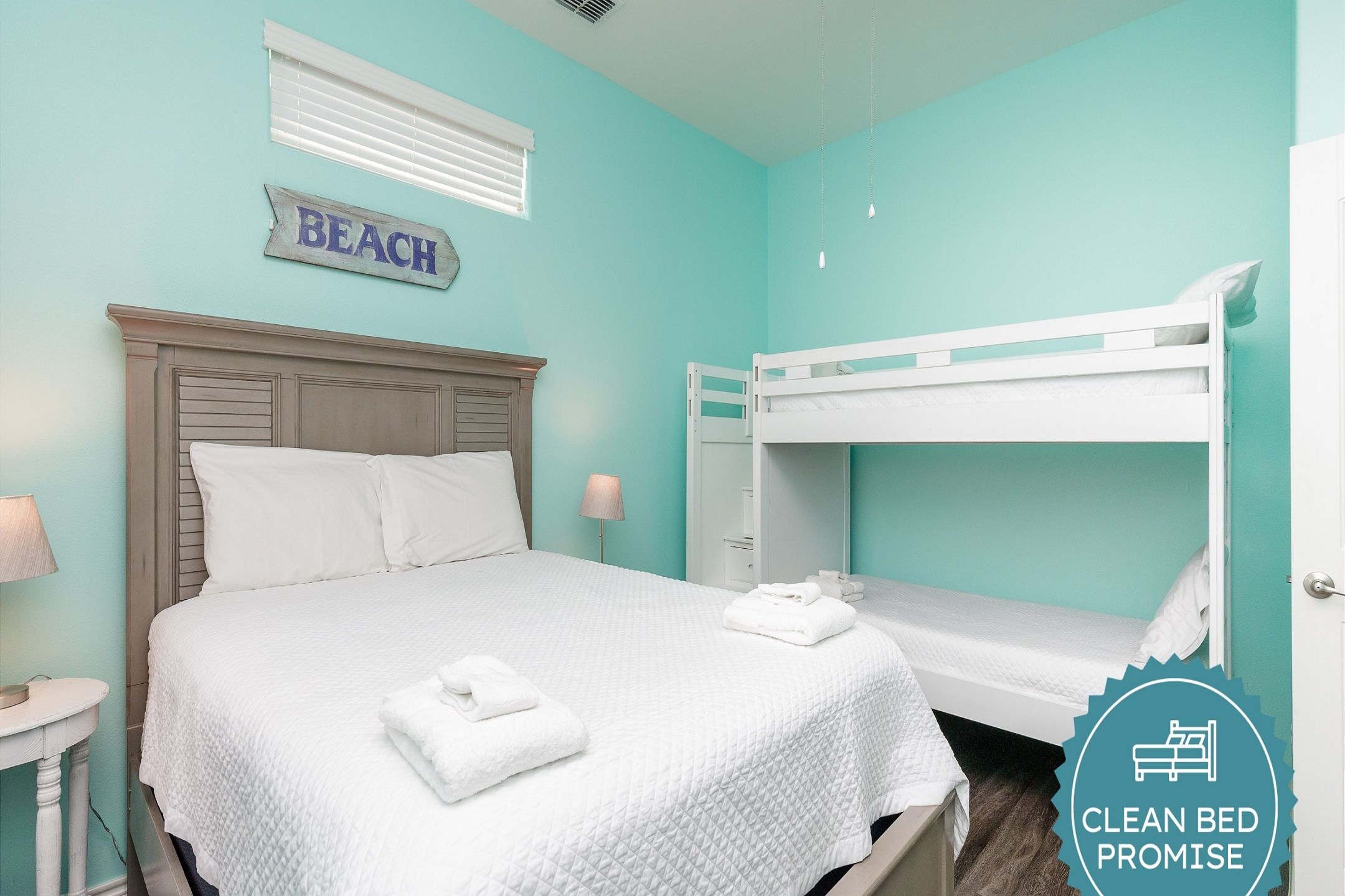 Sleep better at Padre Escapes with our exclusive Clean Bed Promise; providing fresh linens, comforters, and towels washed at high temperatures exceeding CDC recommendations, setting us apart for a truly restful vacation
