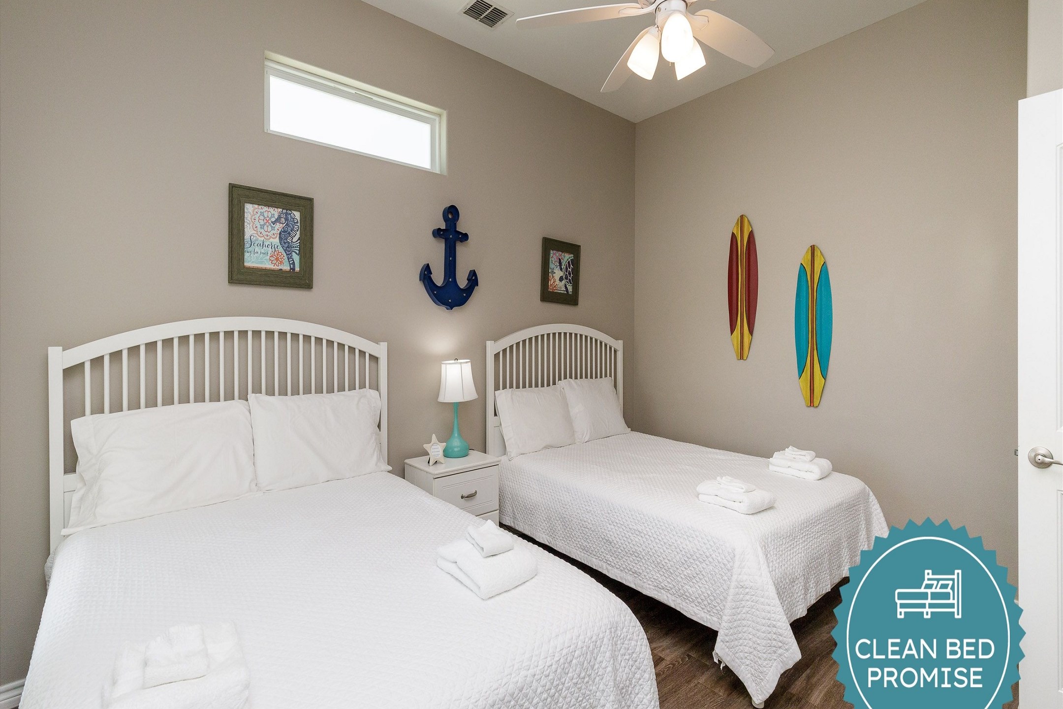 Sleep better at Padre Escapes with our exclusive Clean Bed Promise; providing fresh linens, comforters, and towels washed at high temperatures exceeding CDC recommendations, setting us apart for a truly restful vacation