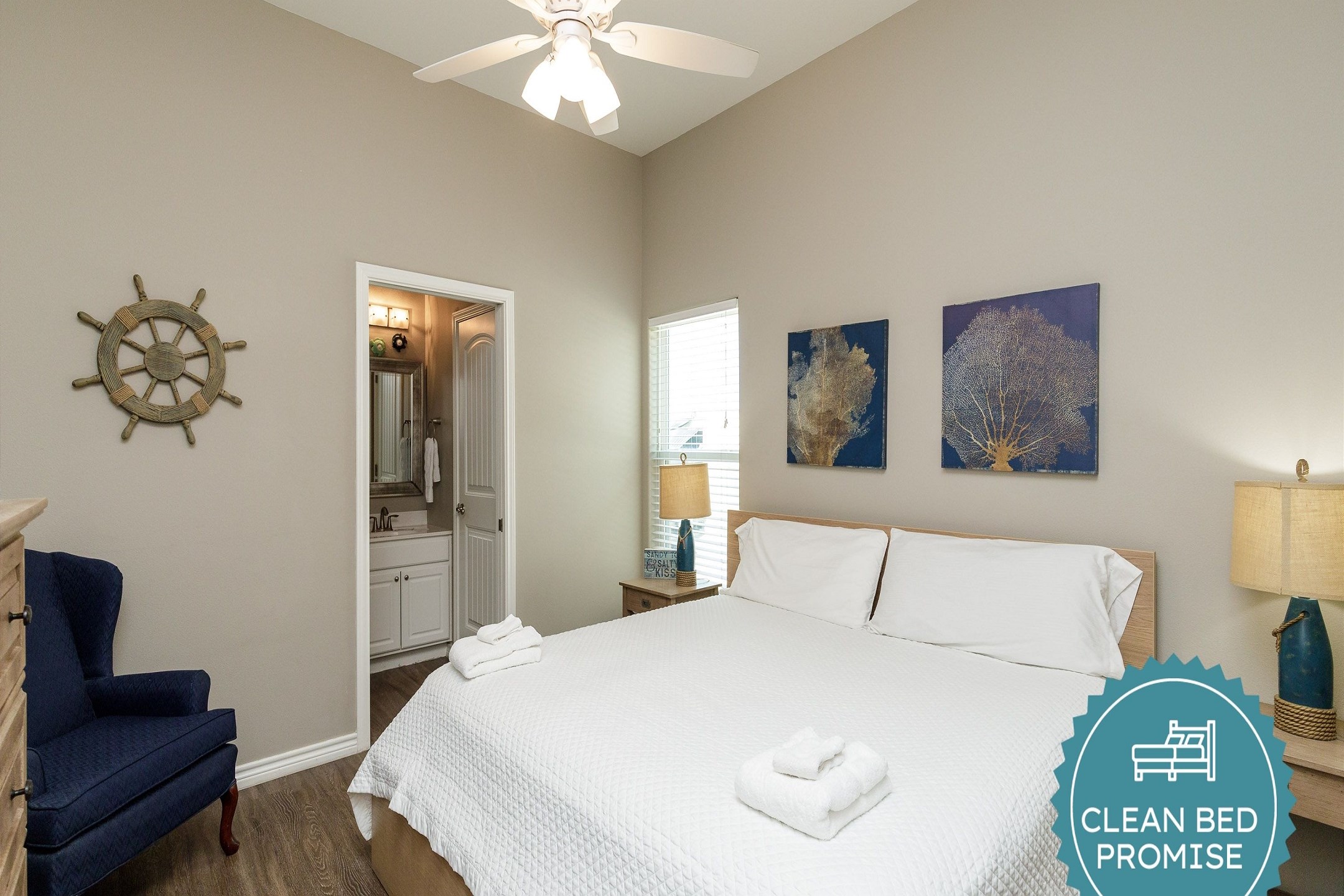Sleep better at Padre Escapes with our exclusive Clean Bed Promise; providing fresh linens, comforters, and towels washed at high temperatures exceeding CDC recommendations, setting us apart for a truly restful vacation