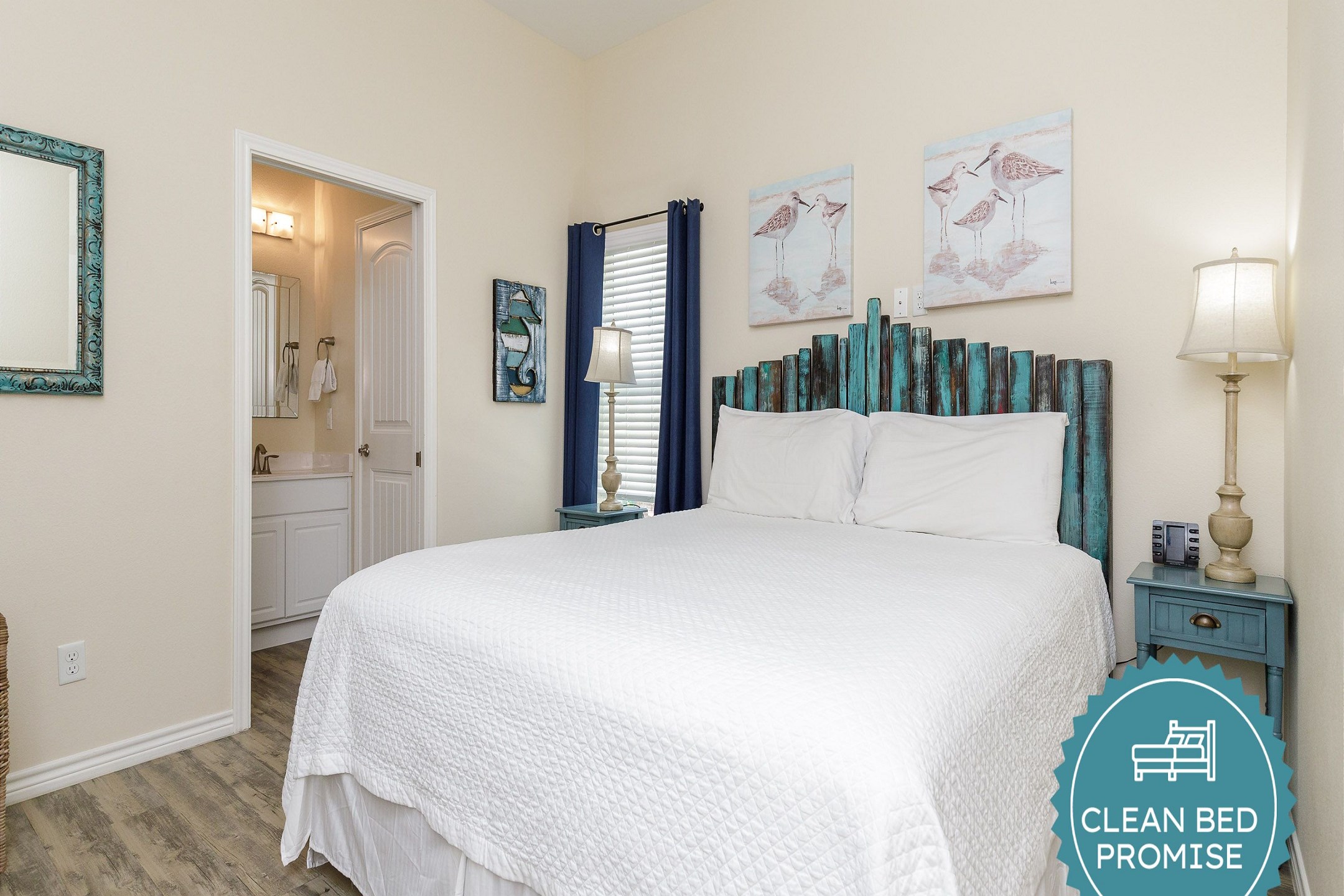 Sleep better at Padre Escapes with our exclusive Clean Bed Promise; providing fresh linens, comforters, and towels washed at high temperatures exceeding CDC recommendations, setting us apart for a truly restful vacation