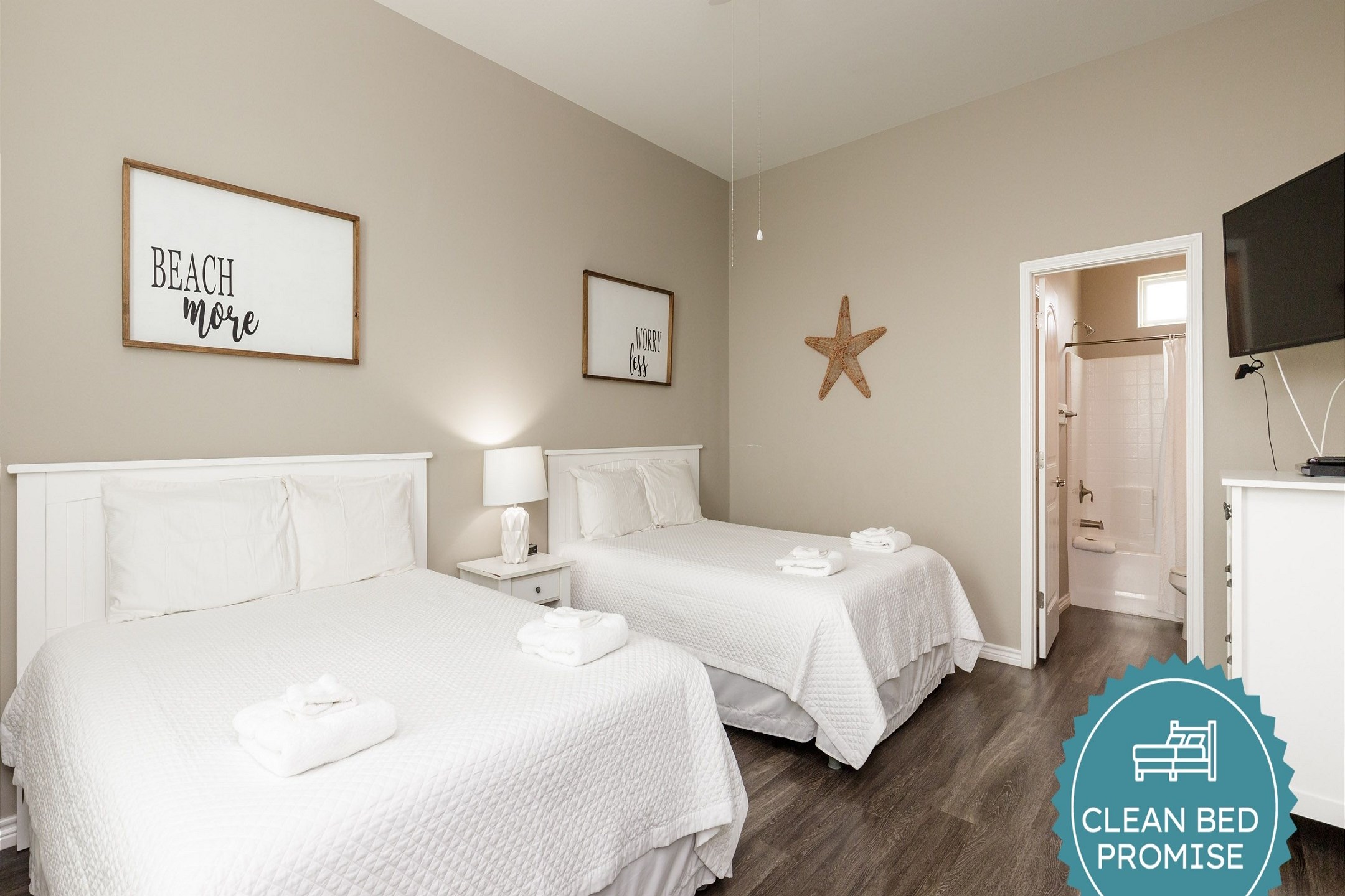Sleep better at Padre Escapes with our exclusive Clean Bed Promise; providing fresh linens, comforters, and towels washed at high temperatures exceeding CDC recommendations, setting us apart for a truly restful vacation