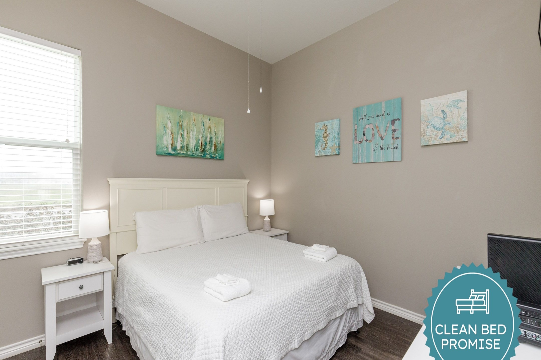 Sleep better at Padre Escapes with our exclusive Clean Bed Promise; providing fresh linens, comforters, and towels washed at high temperatures exceeding CDC recommendations, setting us apart for a truly restful vacation