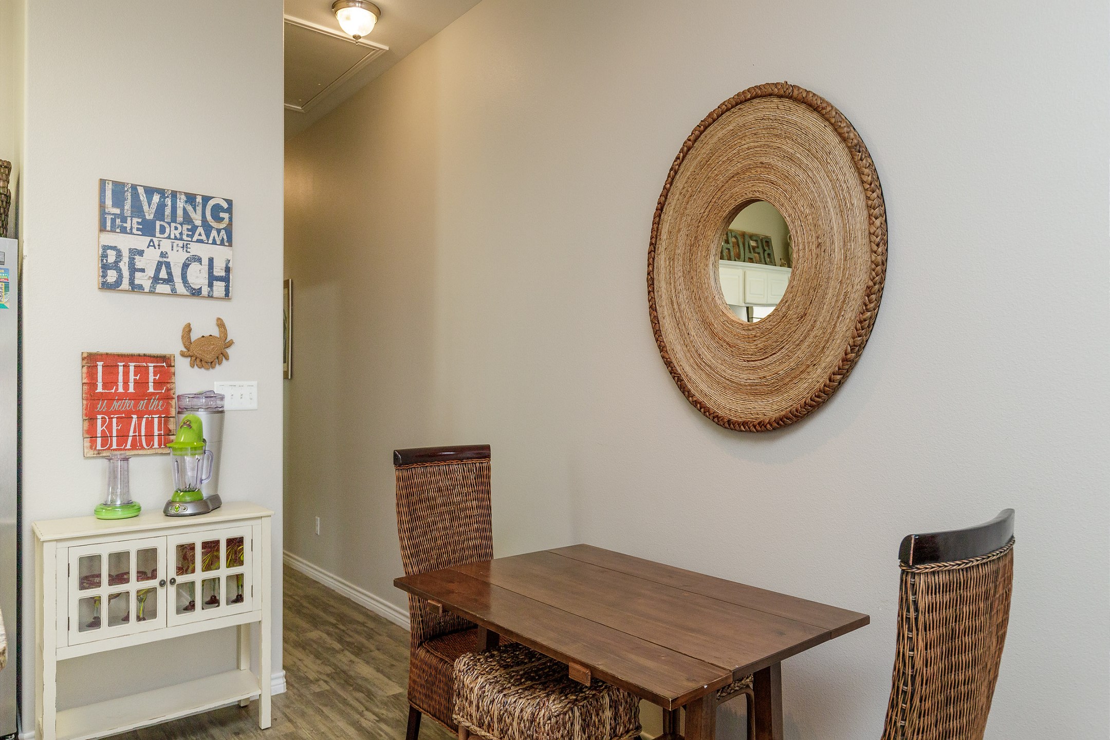Contemporary dining space with a beach vibe
