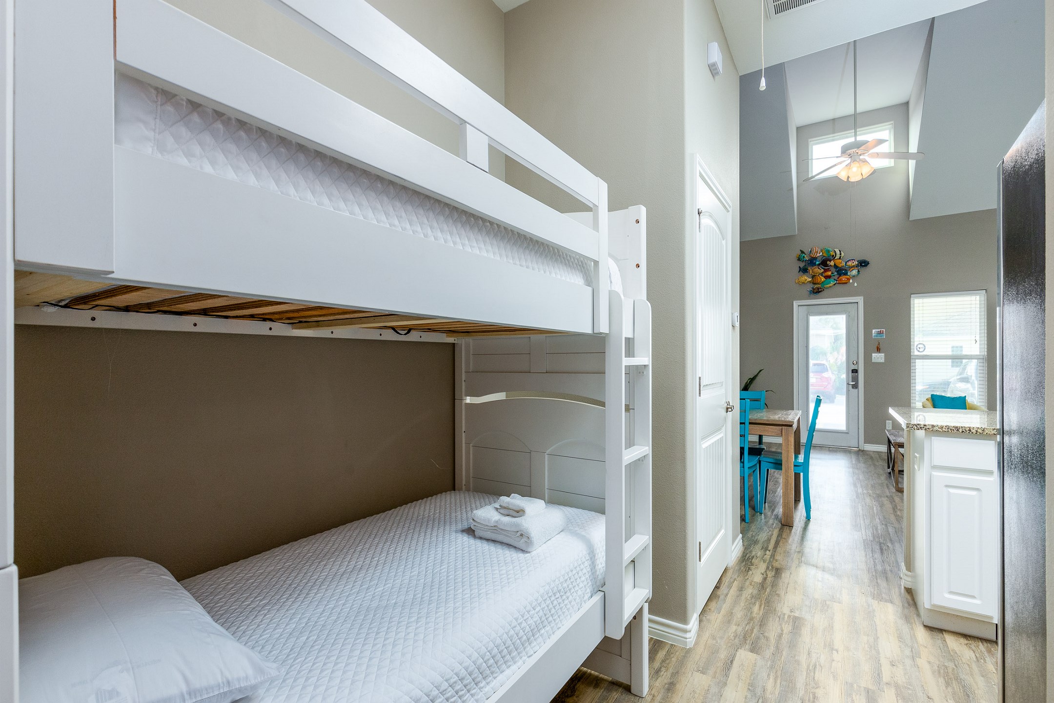 Twin size bunk beds in the hallway nook
