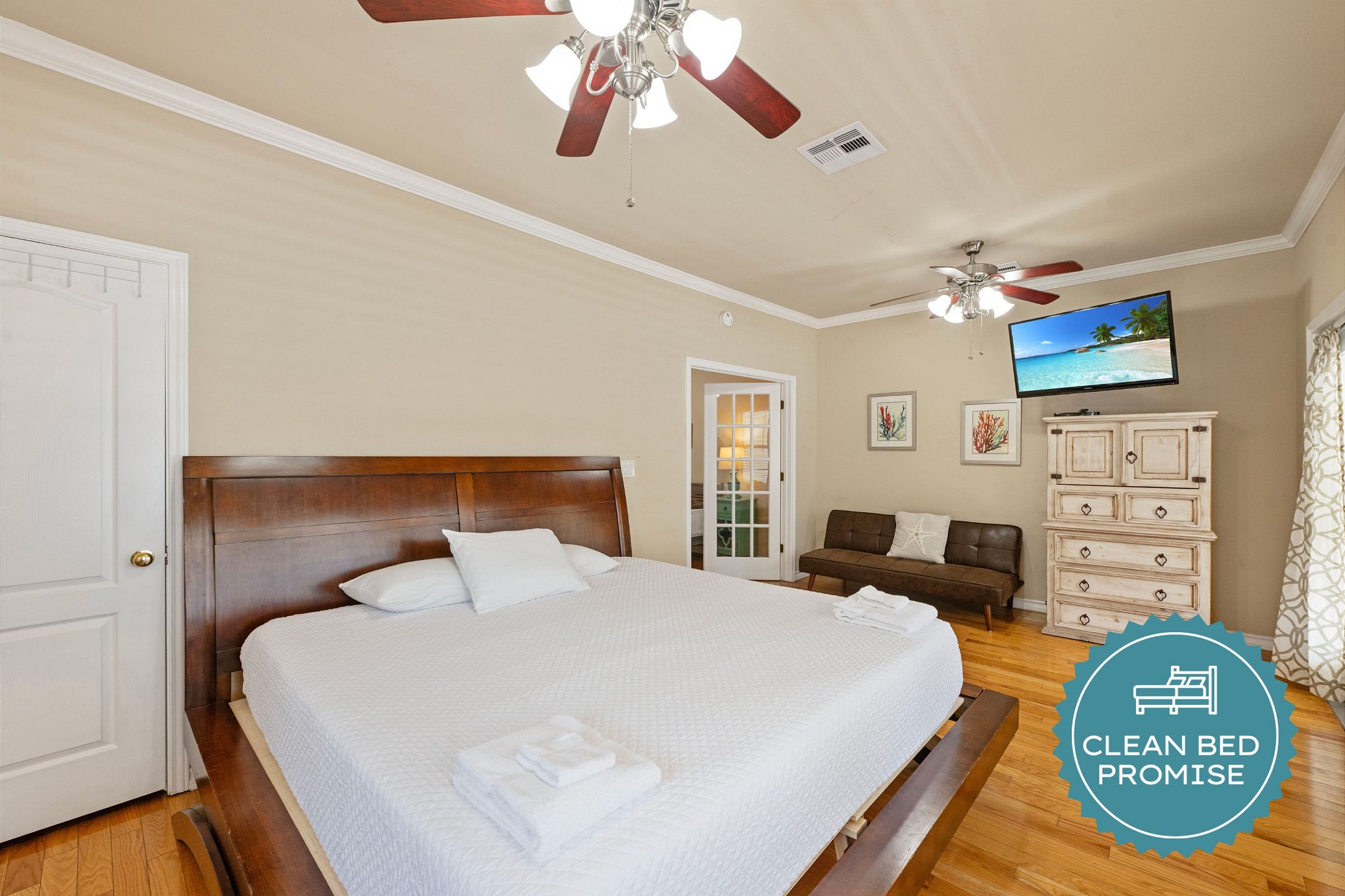 Sleep better at Padre Escapes with our exclusive Clean Bed Promise; providing fresh linens, comforters, and towels washed at high temperatures exceeding CDC recommendations, setting us apart for a truly restful vacation